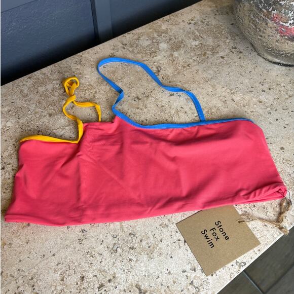 Stone Fox Swim Ibiza Red Blue Yellow One Shoulder Bikini XL Bathing Top NWT - Picture 4 of 4